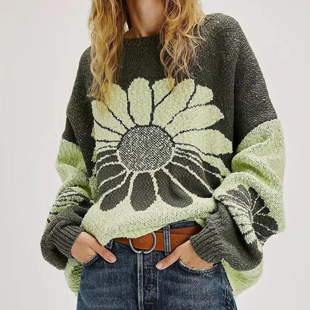 Free People Olive Green and Light Lime Floral Turtleneck Sweater - Picture 1 of 6